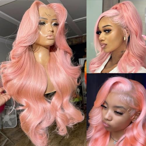 ANDRIA 13x4 HD Lace Front Wigs 28 Inches Pink Body Wave Long Glueless Lace Frontal Wigs Preplucked Hairline Synthetic Lace Front Wig With Baby Hair Heat Resistant Fiber Hair Wigs For Women